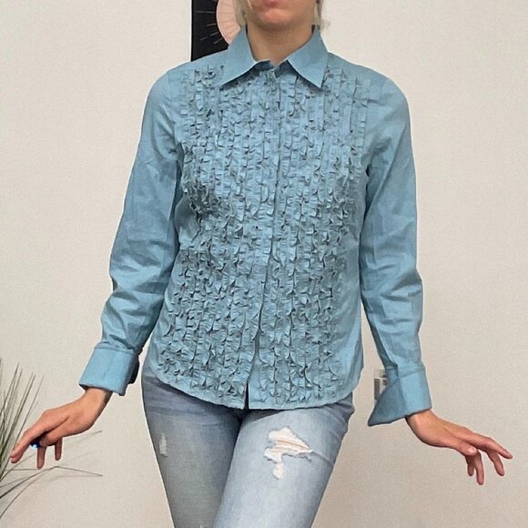 Y2K Max Studio Button Down Ruffle Trim Top Blouse Long Sleeve Size M Blue - Picture 1 of 14